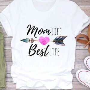 MOM LIFE BEST LIFE Printed Round Neck Short-Sleeved Women's T-Shirt Size LARGE